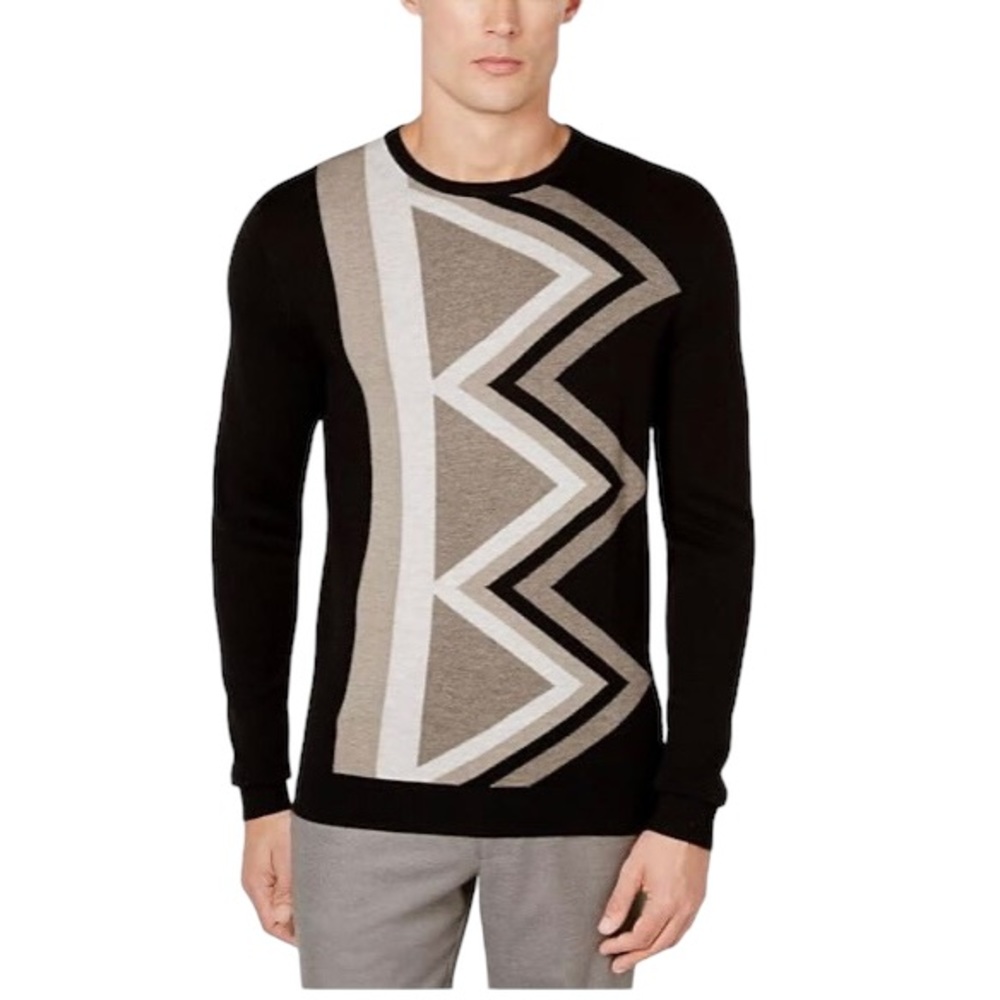 Alfani Men’s Cashmere Blend Geometric Retro Sweater Size Large Black Tan Cream